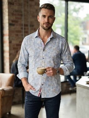 Jermyn & Bond Blue Abstract Grid Print Long Sleeve Button-Down Shirt 100 Cotton